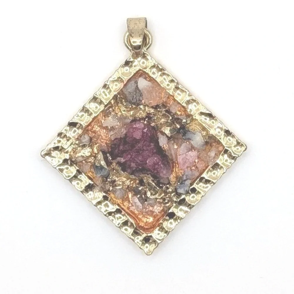 Gold Tone Square Raw Stone Cluster Pendant Magenta Quartz Bohemian Jewelry